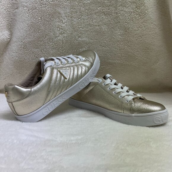 Casual/Formal? Women's Guess Brand Gold Sneaker White Laces Quilted Size 11M - Picture 3 of 14
